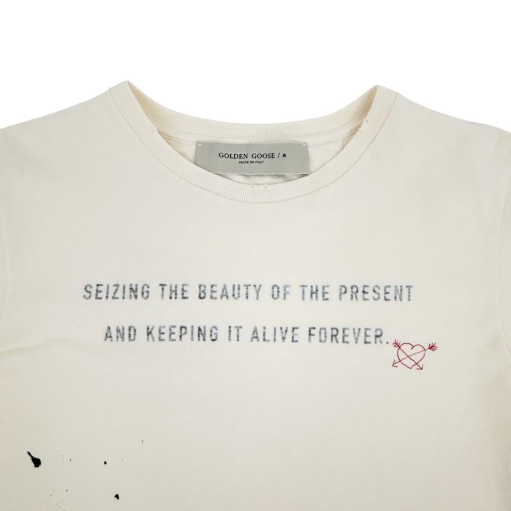 GOLDEN GOOSE Aged White Cotton Tee with Print & Embroidery M - Picture 5 of 10